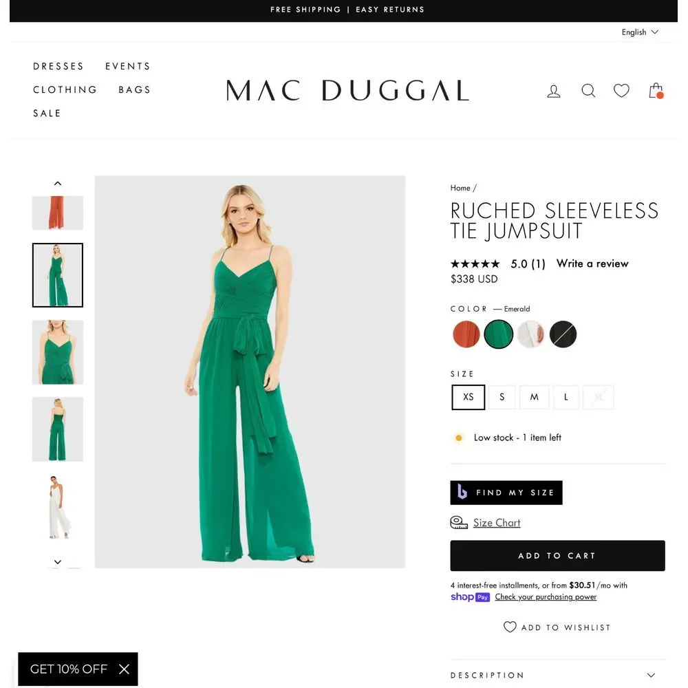 NWD IEENA Mac Duggal [ XS‎ ] 2651 Ruched Sleeveless Tie Jumpsuit Emerald Green